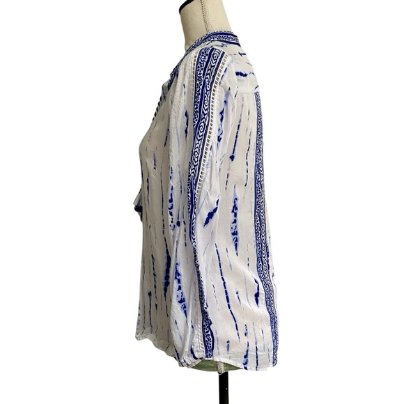 Chico’s Tie Dye Striped Floral Tassel Blouse 0P S White Blue Boho Coastal Top - Picture 7 of 14